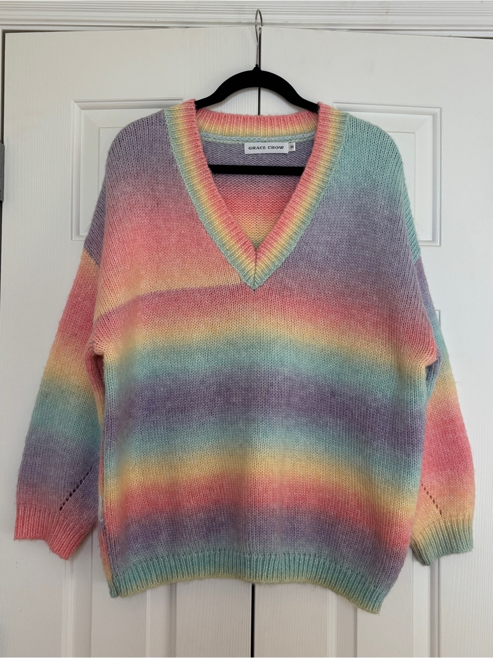 Rainbow Striped V-Neck Sweater - Pastel Multicolor